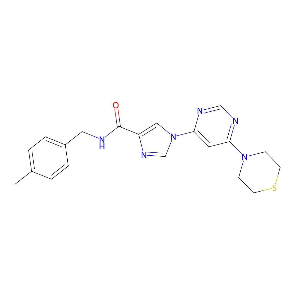 N-[(4-methylphenyl)methyl]-1-[6-(thiomorpholin-4-yl)pyrimidin-4-yl]-1H-imidazole-4-carboxamide molecular structure, CAS 1251560-80-1