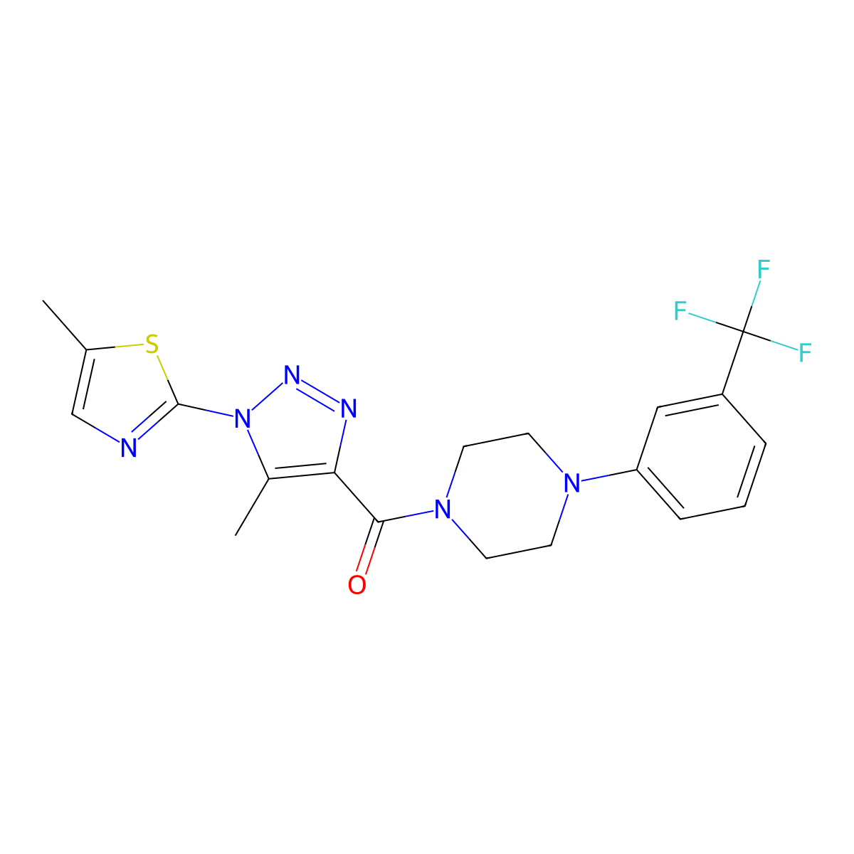 (5-methyl-1-(5-methylthiazol-2-yl)-1H-1,2,3-triazol-4-yl)(4-(3-(trifluoromethyl)phenyl)piperazin-1-yl)methanone molecular structure, CAS 1251560-81-2