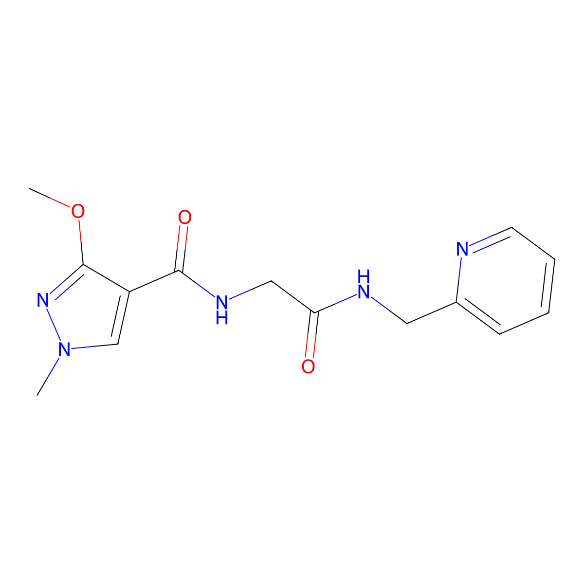 3-methoxy-1-methyl-N-(2-oxo-2-((pyridin-2-ylmethyl)amino)ethyl)-1H-pyrazole-4-carboxamide molecular structure, CAS 1251560-94-7