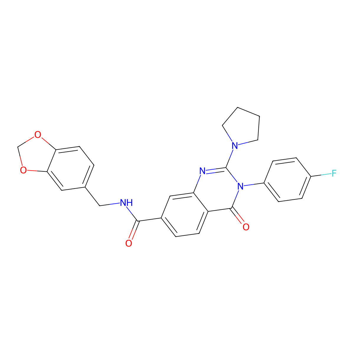 N-[(2H-1,3-benzodioxol-5-yl)methyl]-3-(4-fluorophenyl)-4-oxo-2-(pyrrolidin-1-yl)-3,4-dihydroquinazoline-7-carboxamide molecular structure, CAS 1251560-98-1