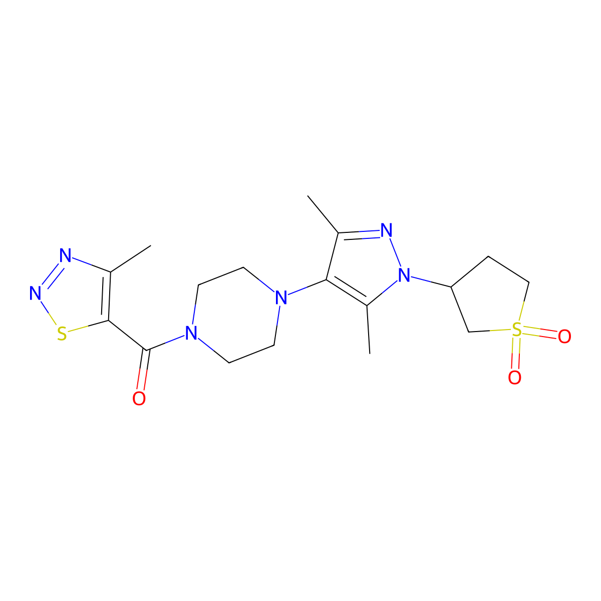 (4-(1-(1,1-dioxidotetrahydrothiophen-3-yl)-3,5-dimethyl-1H-pyrazol-4-yl)piperazin-1-yl)(4-methyl-1,2,3-thiadiazol-5-yl)methanone molecular structure, CAS 1251561-07-5