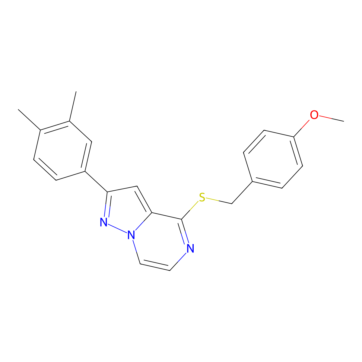 2-(3,4-Dimethylphenyl)-4-((4-methoxybenzyl)thio)pyrazolo[1,5-a]pyrazine molecular structure, CAS 1251561-32-6