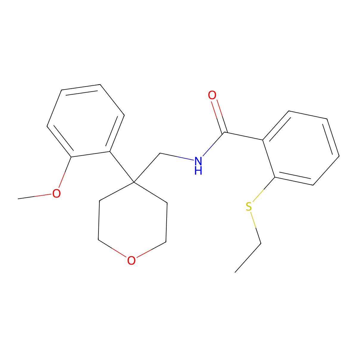 2-(ethylthio)-N-((4-(2-methoxyphenyl)tetrahydro-2H-pyran-4-yl)methyl)benzamide molecular structure, CAS 1251561-41-7