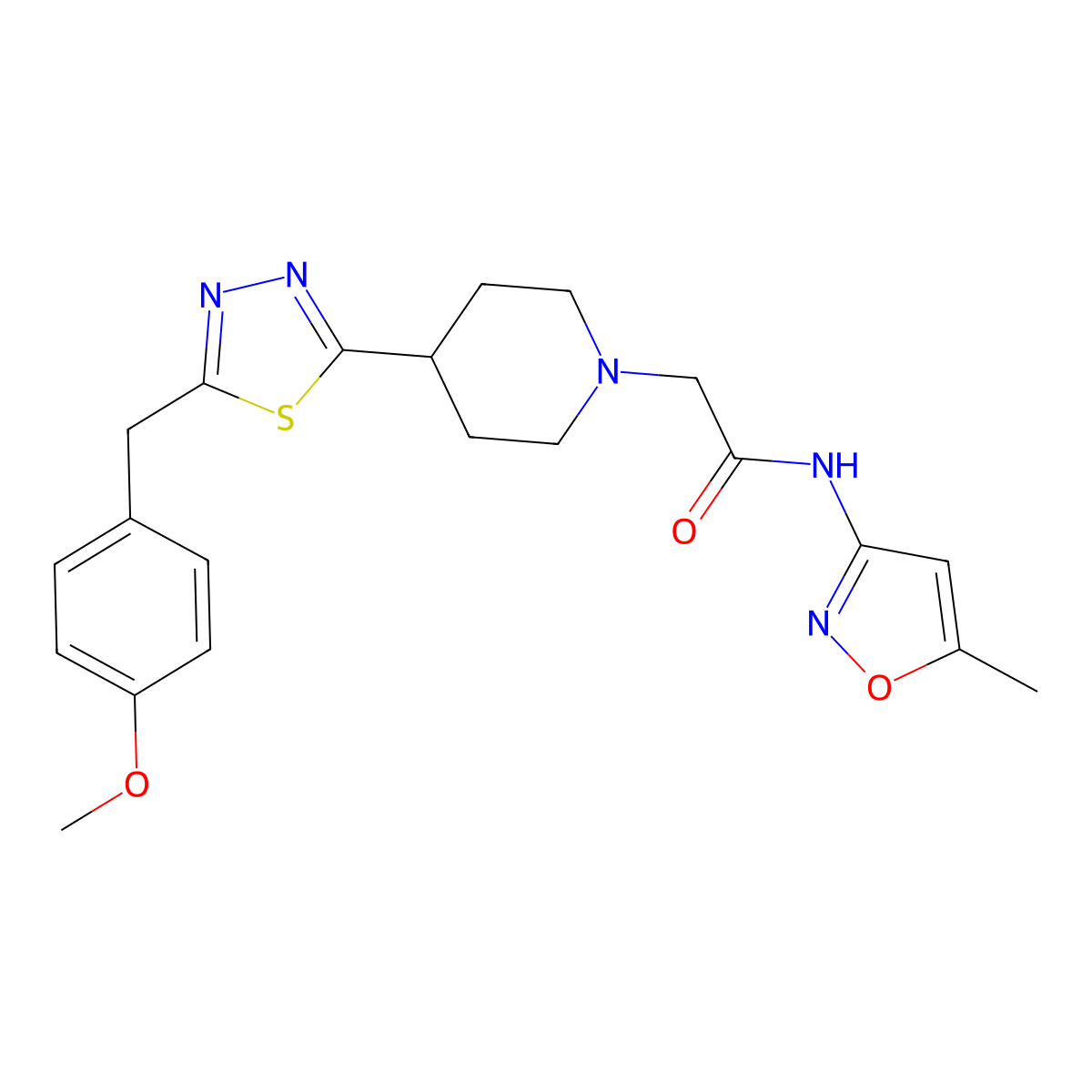 2-(4-(5-(4-methoxybenzyl)-1,3,4-thiadiazol-2-yl)piperidin-1-yl)-N-(5-methylisoxazol-3-yl)acetamide molecular structure, CAS 1251561-46-2