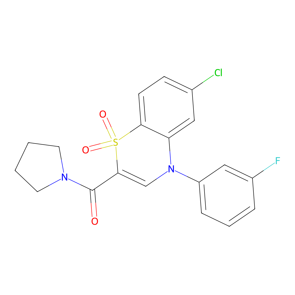 (6-chloro-4-(3-fluorophenyl)-1,1-dioxido-4H-benzo[b][1,4]thiazin-2-yl)(pyrrolidin-1-yl)methanone molecular structure, CAS 1251561-68-8