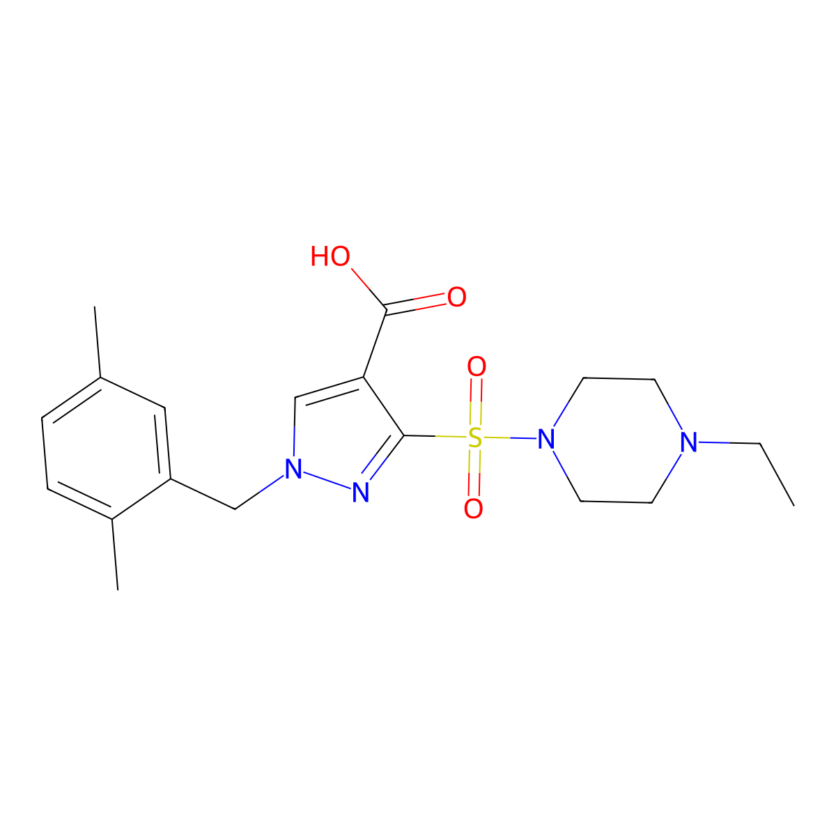1-(2,5-dimethylbenzyl)-3-((4-ethylpiperazin-1-yl)sulfonyl)-1H-pyrazole-4-carboxylic acid molecular structure, CAS 1251561-70-2