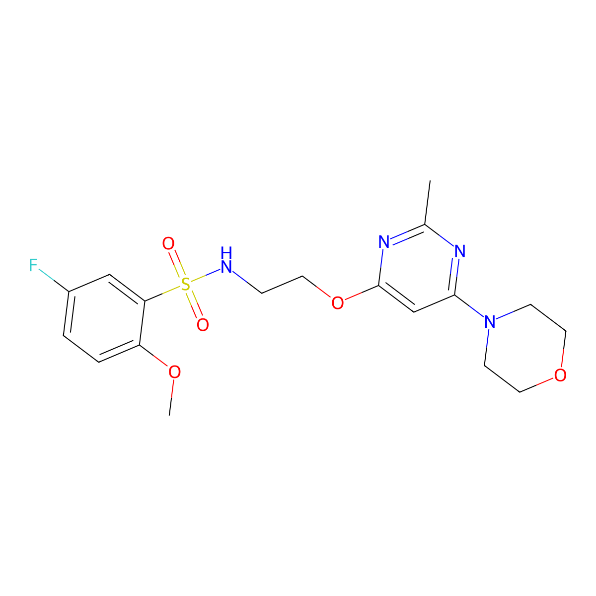 5-fluoro-2-methoxy-N-(2-((2-methyl-6-morpholinopyrimidin-4-yl)oxy)ethyl)benzenesulfonamide molecular structure, CAS 1251561-77-9