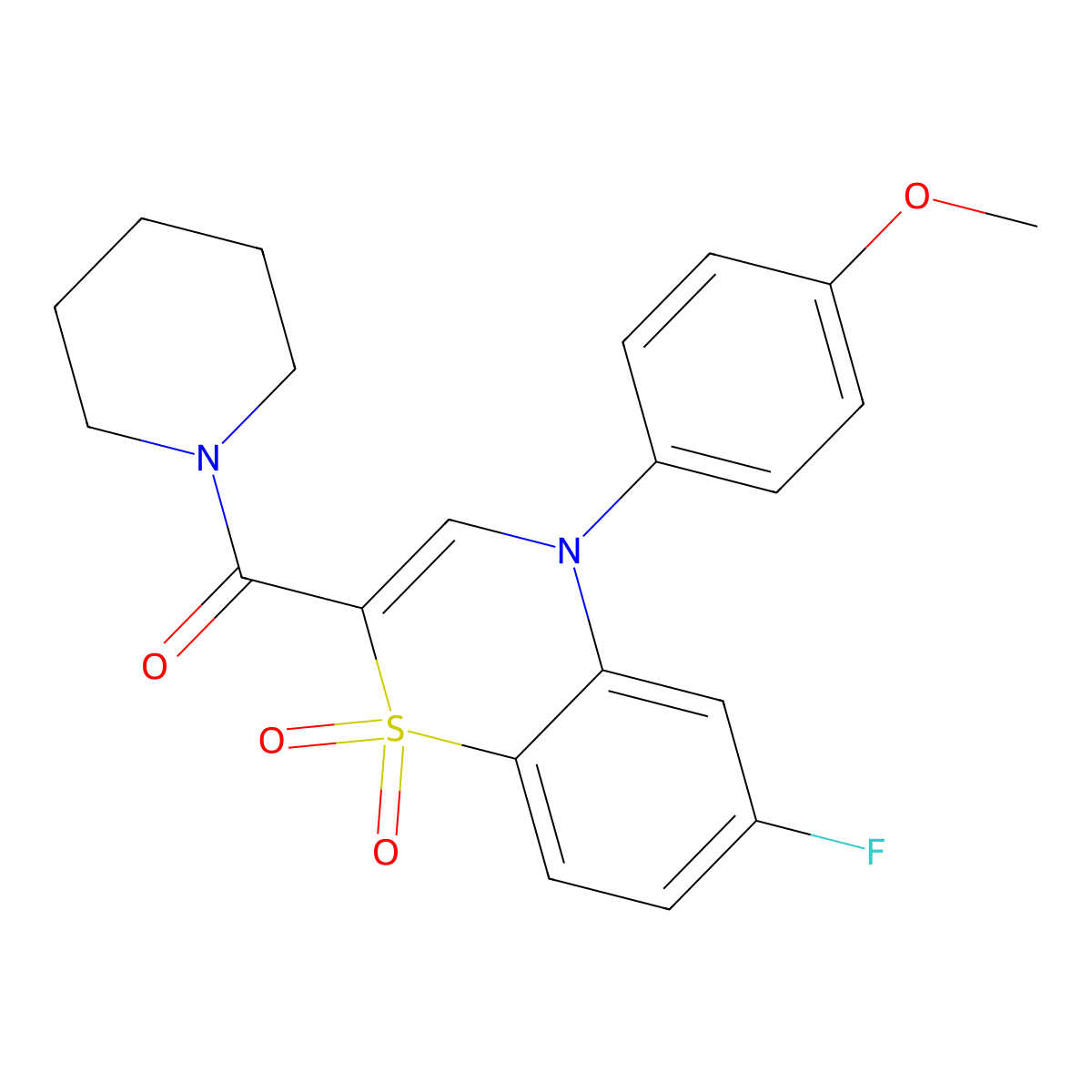 (6-fluoro-4-(4-methoxyphenyl)-1,1-dioxido-4H-benzo[b][1,4]thiazin-2-yl)(piperidin-1-yl)methanone molecular structure, CAS 1251561-80-4