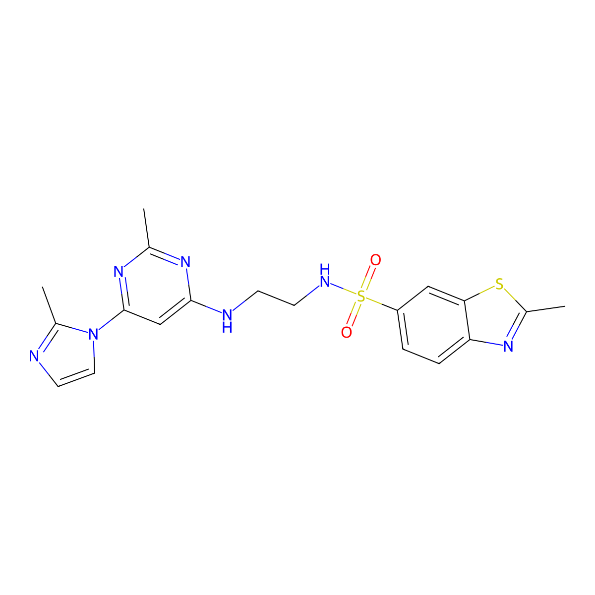 2-methyl-N-(2-((2-methyl-6-(2-methyl-1H-imidazol-1-yl)pyrimidin-4-yl)amino)ethyl)benzo[d]thiazole-6-sulfonamide molecular structure, CAS 1251561-81-5