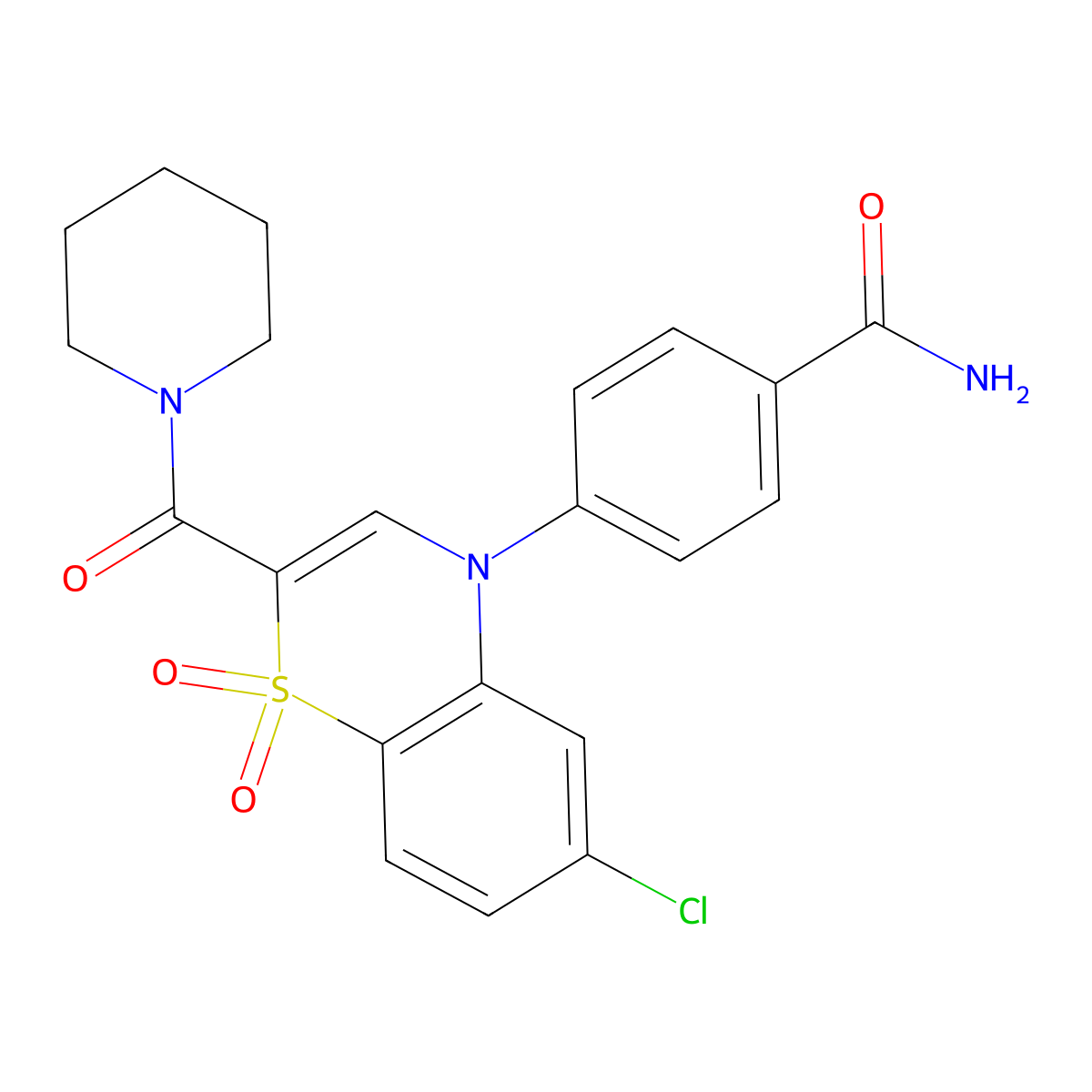 4-[6-chloro-1,1-dioxido-2-(piperidin-1-ylcarbonyl)-4H-1,4-benzothiazin-4-yl]benzamide molecular structure, CAS 1251561-95-1