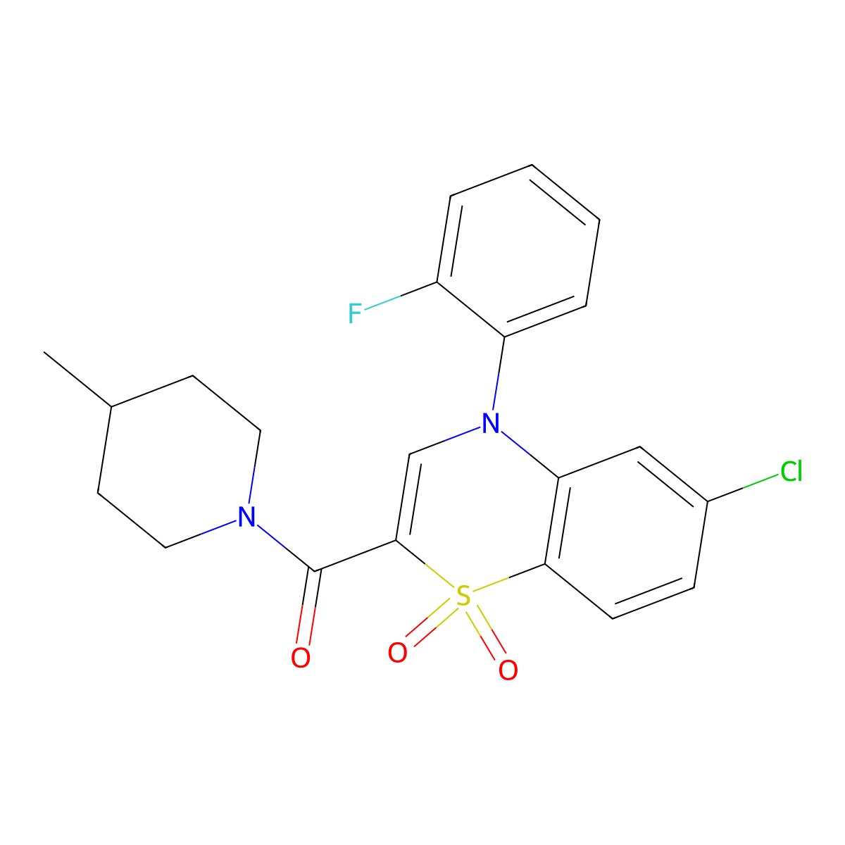 6-chloro-4-(2-fluorophenyl)-2-(4-methylpiperidine-1-carbonyl)-4H-1lambda6,4-benzothiazine-1,1-dione molecular structure, CAS 1251562-08-9