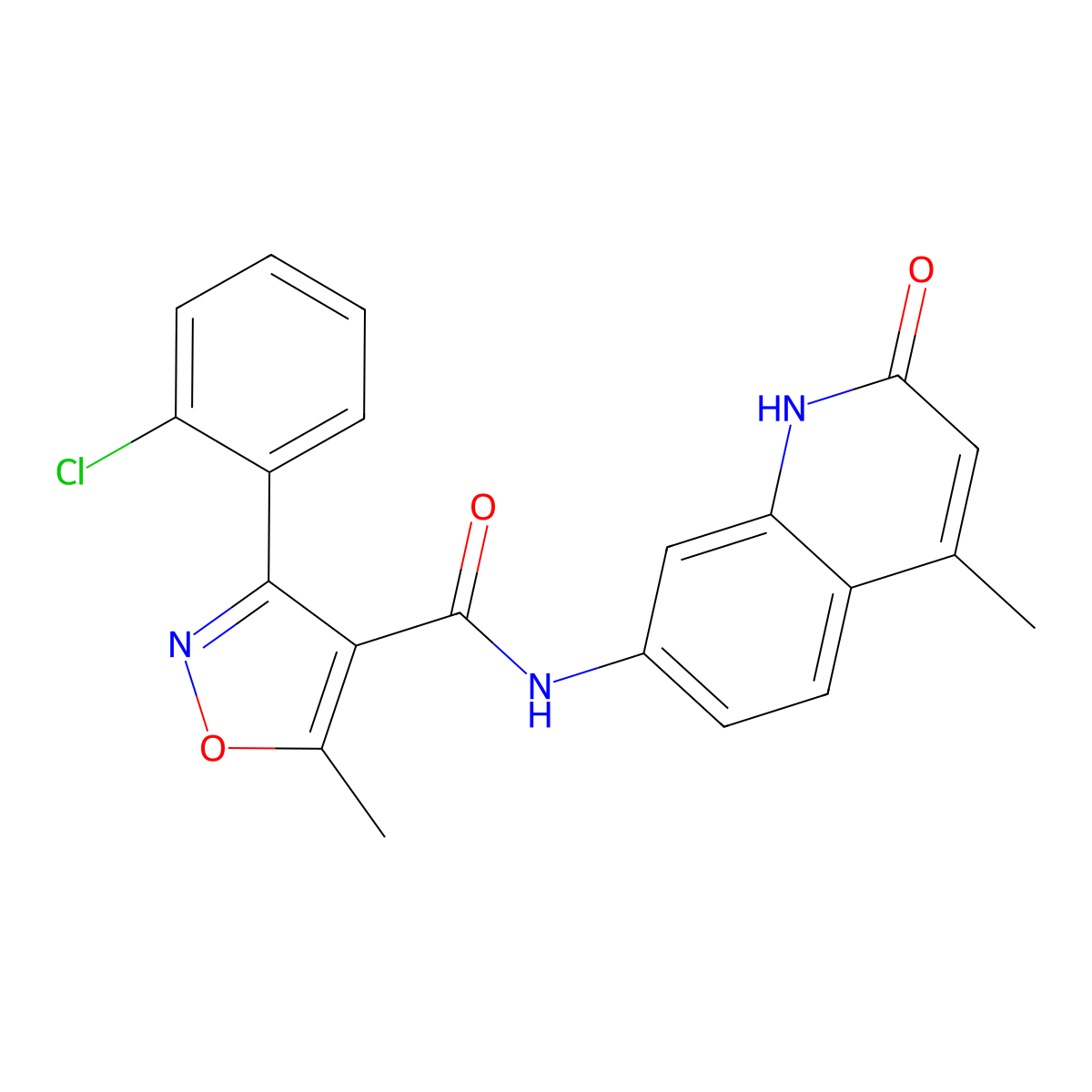 3-(2-chlorophenyl)-5-methyl-N-(4-methyl-2-oxo-1,2-dihydroquinolin-7-yl)isoxazole-4-carboxamide molecular structure, CAS 1251562-16-9