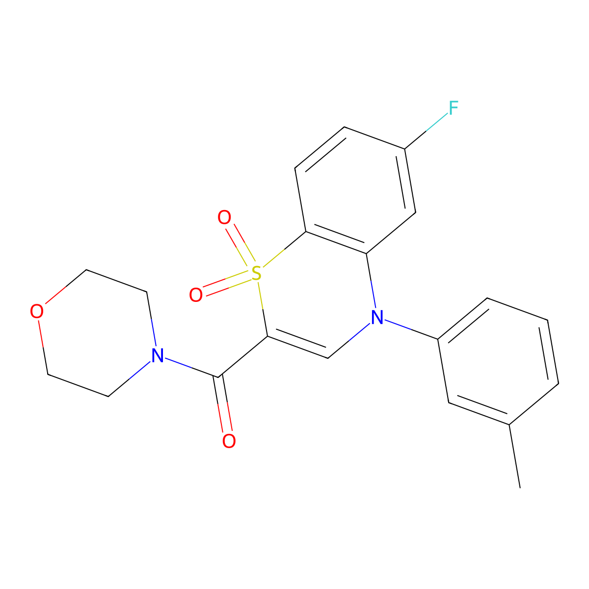 (6-fluoro-1,1-dioxido-4-(m-tolyl)-4H-benzo[b][1,4]thiazin-2-yl)(morpholino)methanone molecular structure, CAS 1251562-24-9