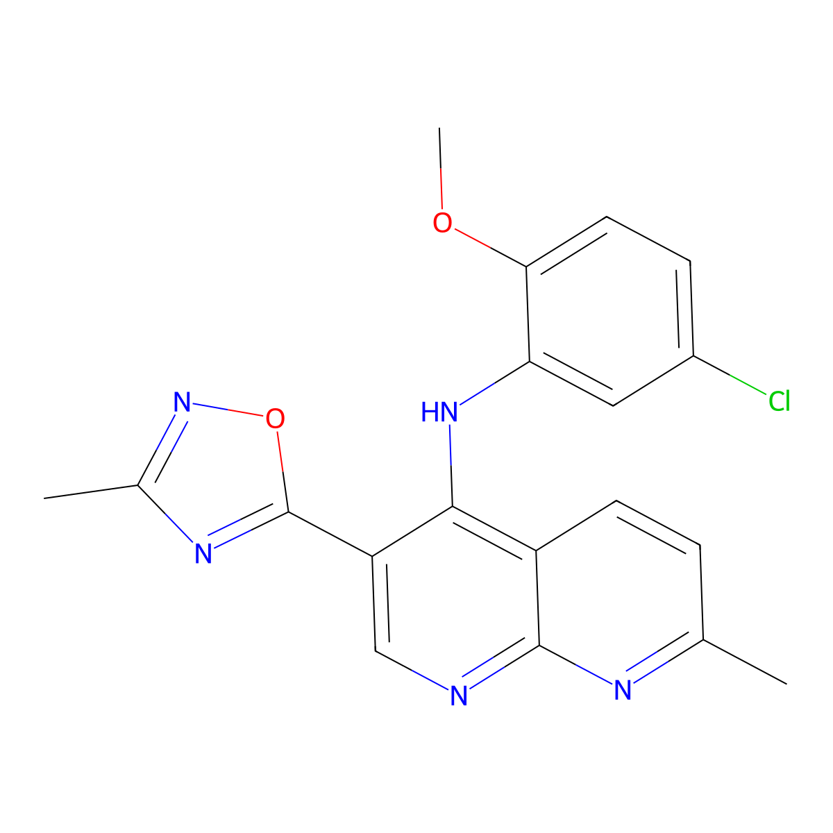 N-(5-chloro-2-methoxyphenyl)-7-methyl-3-(3-methyl-1,2,4-oxadiazol-5-yl)-1,8-naphthyridin-4-amine molecular structure, CAS 1251562-28-3
