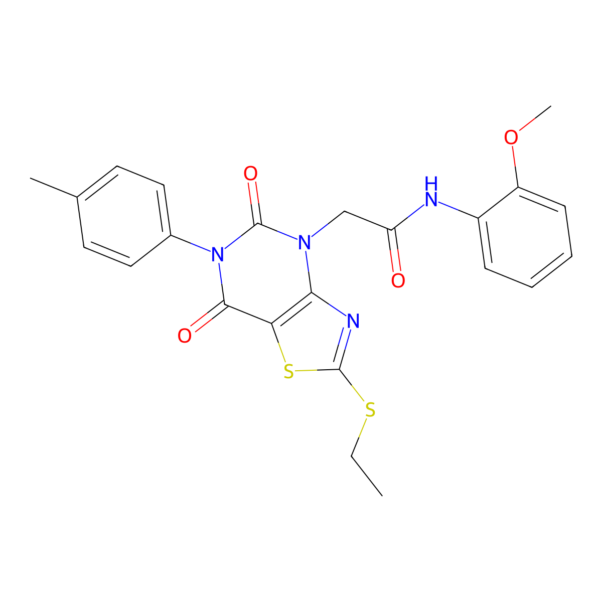 2-[2-(ethylsulfanyl)-6-(4-methylphenyl)-5,7-dioxo-4H,5H,6H,7H-[1,3]thiazolo[4,5-d]pyrimidin-4-yl]-N-(2-methoxyphenyl)acetamide molecular structure, CAS 1251562-40-9