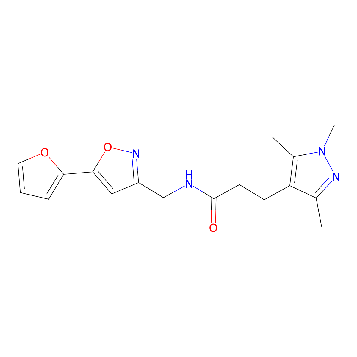 N-((5-(furan-2-yl)isoxazol-3-yl)methyl)-3-(1,3,5-trimethyl-1H-pyrazol-4-yl)propanamide molecular structure, CAS 1251562-48-7
