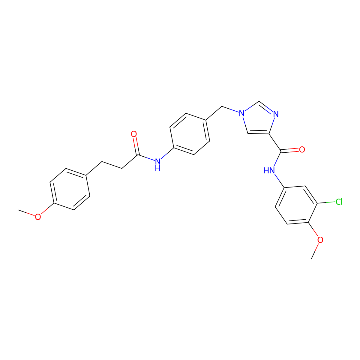 N-(3-chloro-4-methoxyphenyl)-1-(4-(3-(4-methoxyphenyl)propanamido)benzyl)-1H-imidazole-4-carboxamide molecular structure, CAS 1251562-71-6