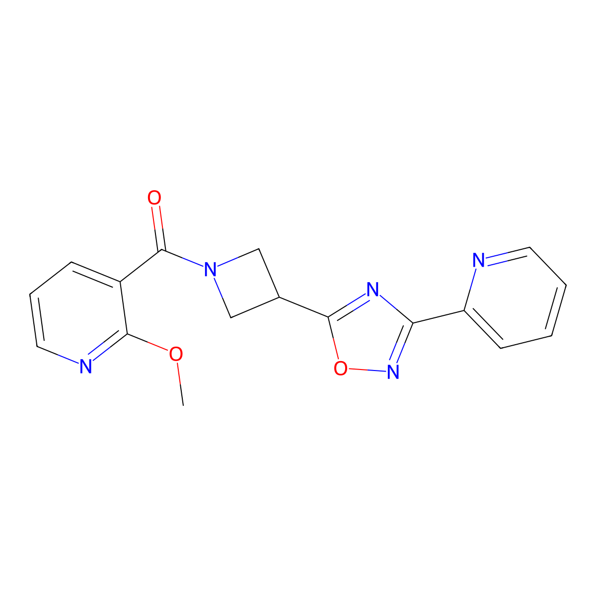 (2-Methoxypyridin-3-yl)(3-(3-(pyridin-2-yl)-1,2,4-oxadiazol-5-yl)azetidin-1-yl)methanone molecular structure, CAS 1251562-84-1