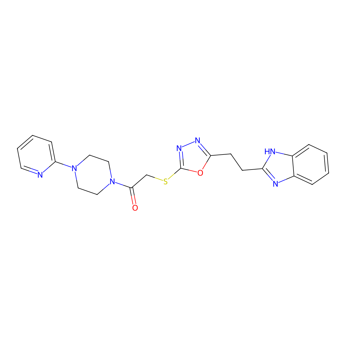 2-((5-(2-(1H-benzo[d]imidazol-2-yl)ethyl)-1,3,4-oxadiazol-2-yl)thio)-1-(4-(pyridin-2-yl)piperazin-1-yl)ethanone molecular structure, CAS 1251563-00-4
