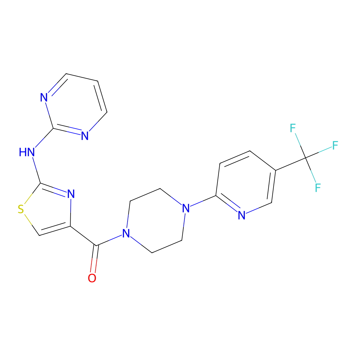 N-(4-{4-[5-(trifluoromethyl)pyridin-2-yl]piperazine-1-carbonyl}-1,3-thiazol-2-yl)pyrimidin-2-amine molecular structure, CAS 1251563-02-6