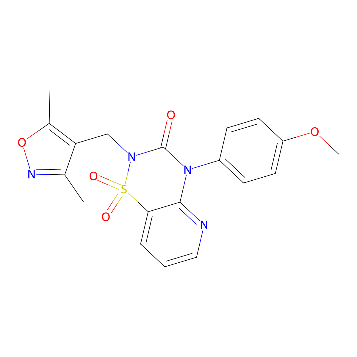 2-((3,5-dimethylisoxazol-4-yl)methyl)-4-(4-methoxyphenyl)-2H-pyrido[2,3-e][1,2,4]thiadiazin-3(4H)-one 1,1-dioxide molecular structure, CAS 1251563-07-1