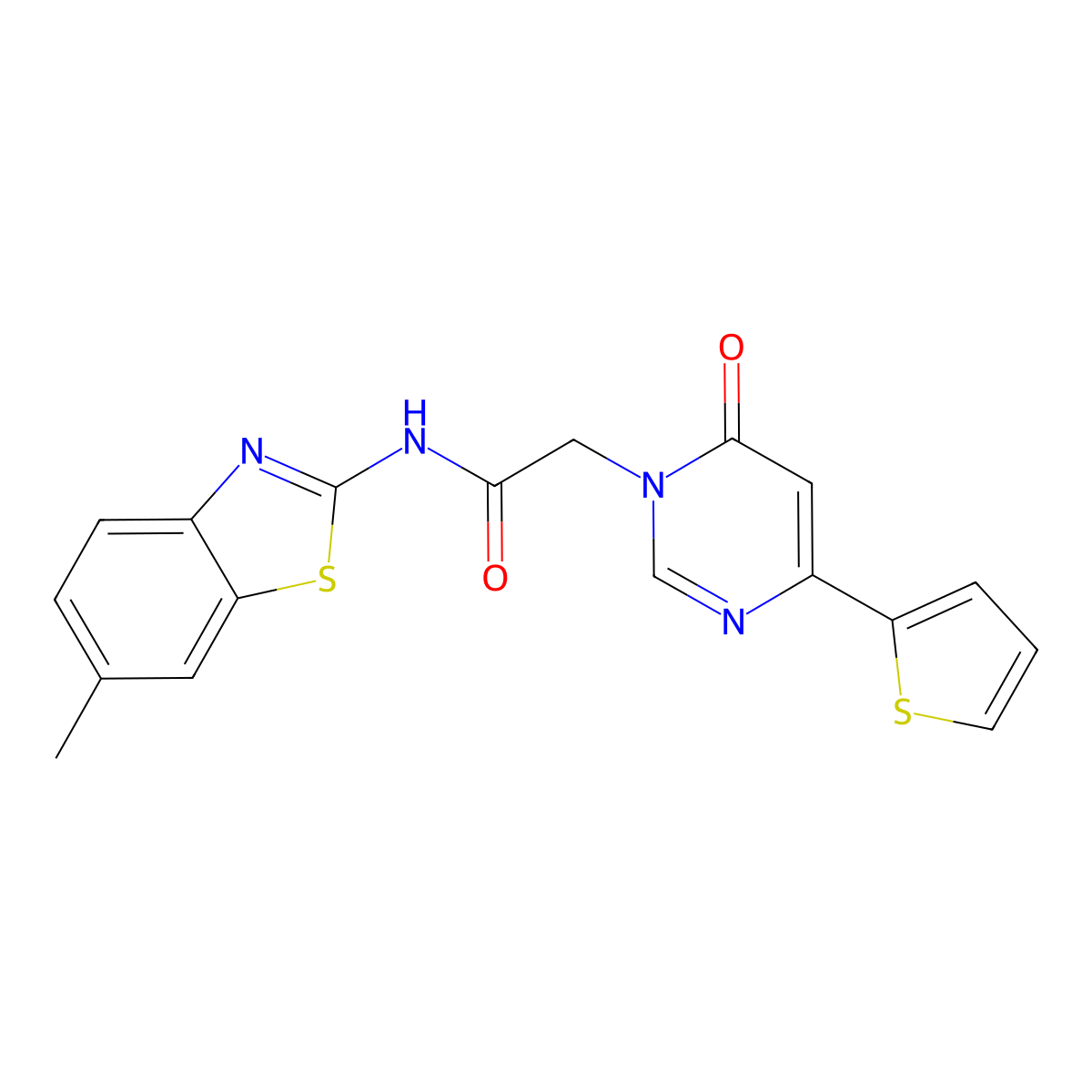 N-(6-methylbenzo[d]thiazol-2-yl)-2-(6-oxo-4-(thiophen-2-yl)pyrimidin-1(6H)-yl)acetamide molecular structure, CAS 1251563-14-0