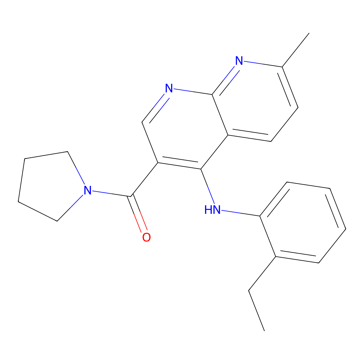 (4-((2-Ethylphenyl)amino)-7-methyl-1,8-naphthyridin-3-yl)(pyrrolidin-1-yl)methanone molecular structure, CAS 1251563-32-2