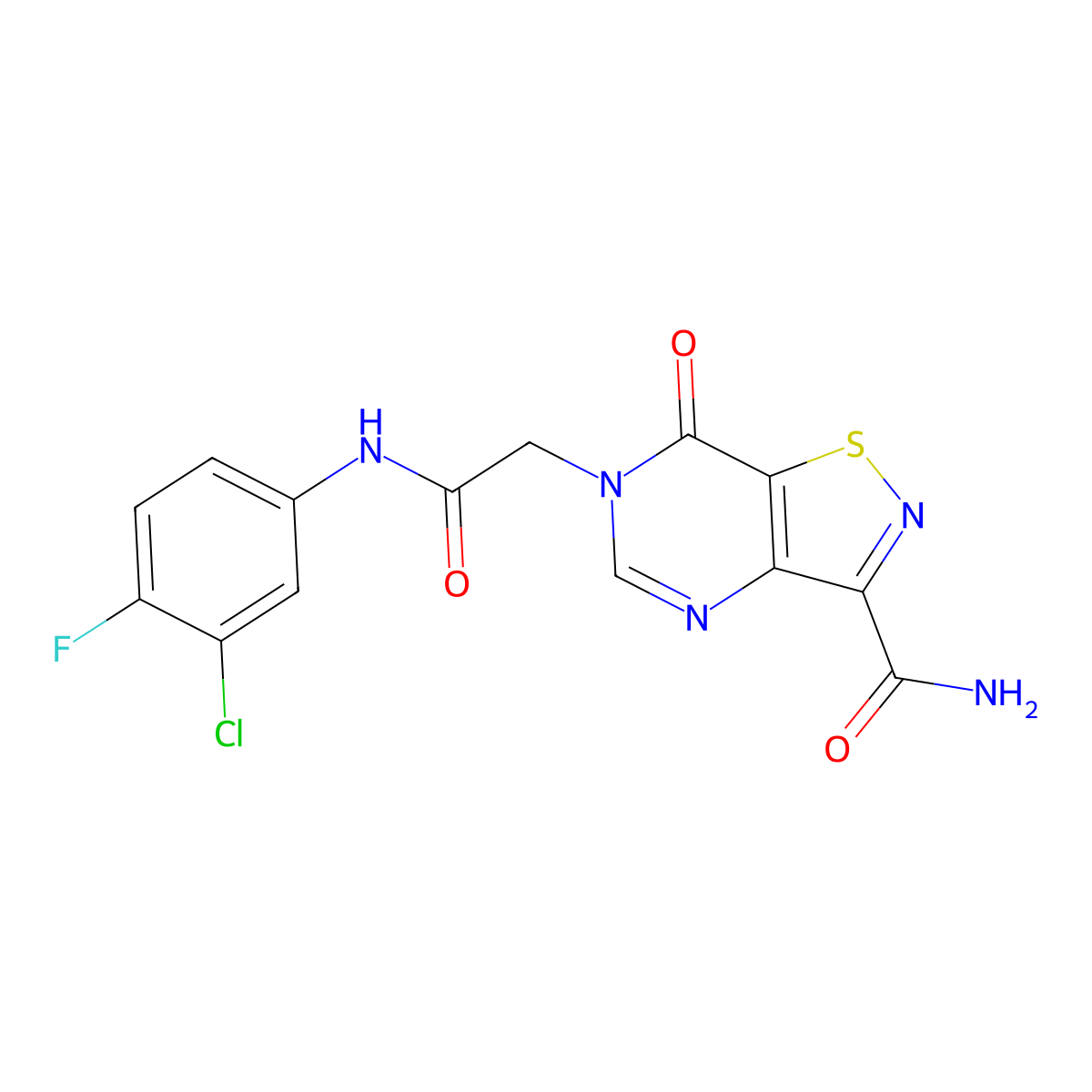 6-{[(3-chloro-4-fluorophenyl)carbamoyl]methyl}-7-oxo-6H,7H-[1,2]thiazolo[4,5-d]pyrimidine-3-carboxamide molecular structure, CAS 1251563-38-8