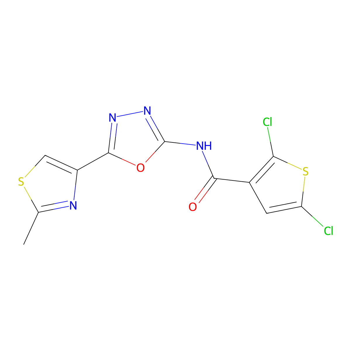 2,5-dichloro-N-(5-(2-methylthiazol-4-yl)-1,3,4-oxadiazol-2-yl)thiophene-3-carboxamide molecular structure, CAS 1251563-41-3