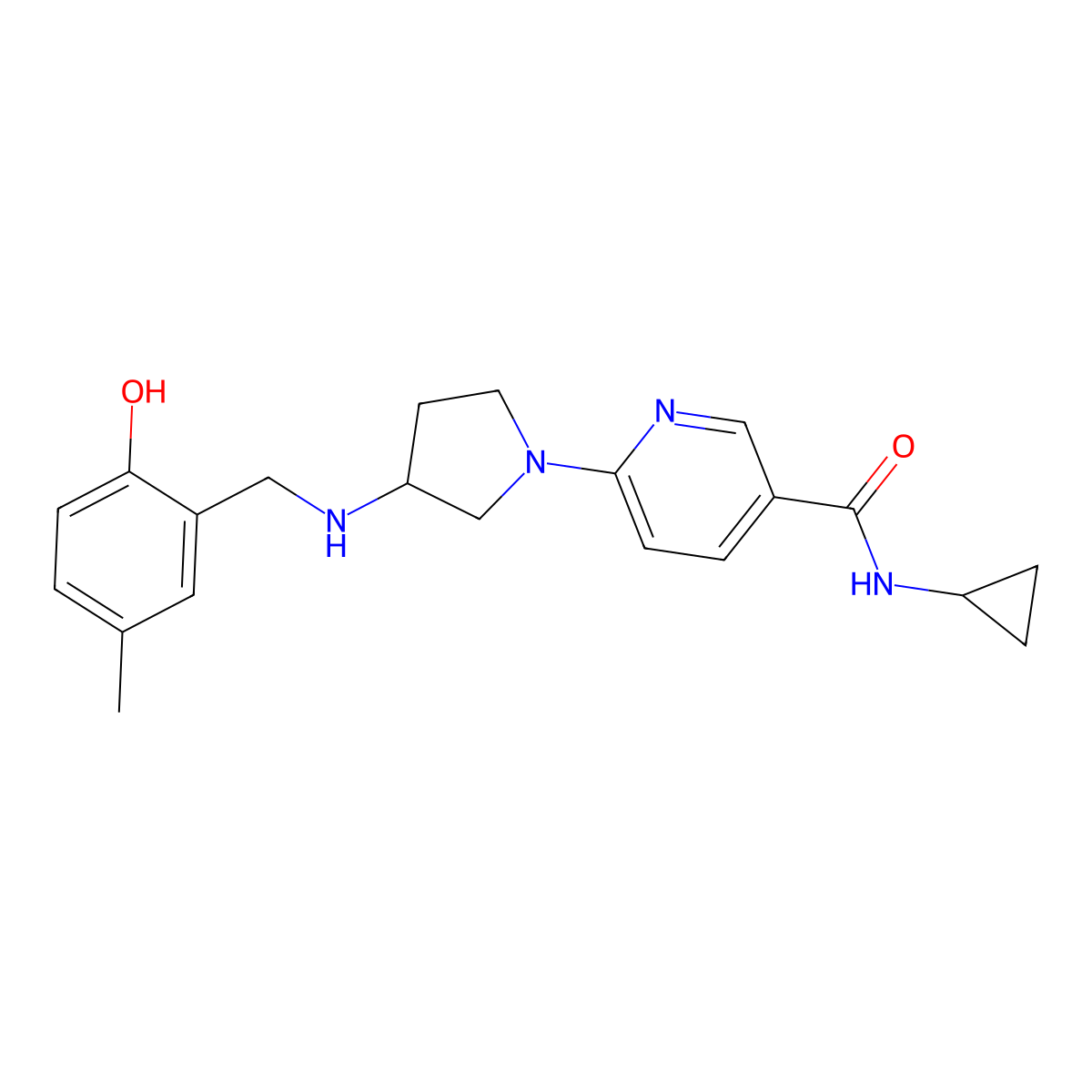 N~3~-cyclopropyl-6-{3-[(2-hydroxy-5-methylbenzyl)amino]-1-pyrrolidinyl}nicotinamide molecular structure, CAS 1251563-45-7