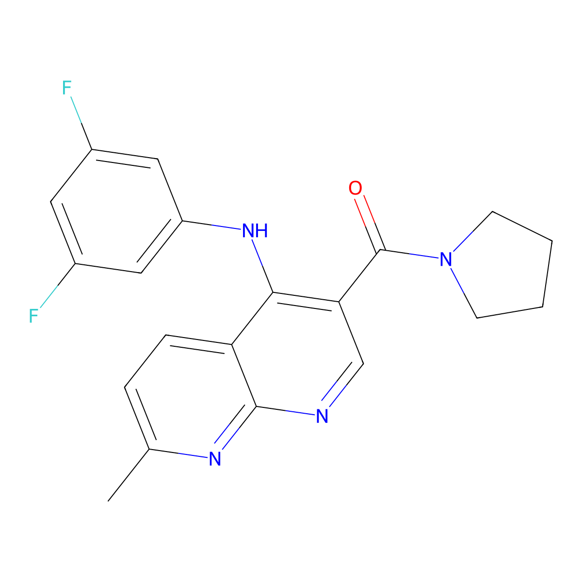 (4-((3,5-Difluorophenyl)amino)-7-methyl-1,8-naphthyridin-3-yl)(pyrrolidin-1-yl)methanone molecular structure, CAS 1251563-54-8