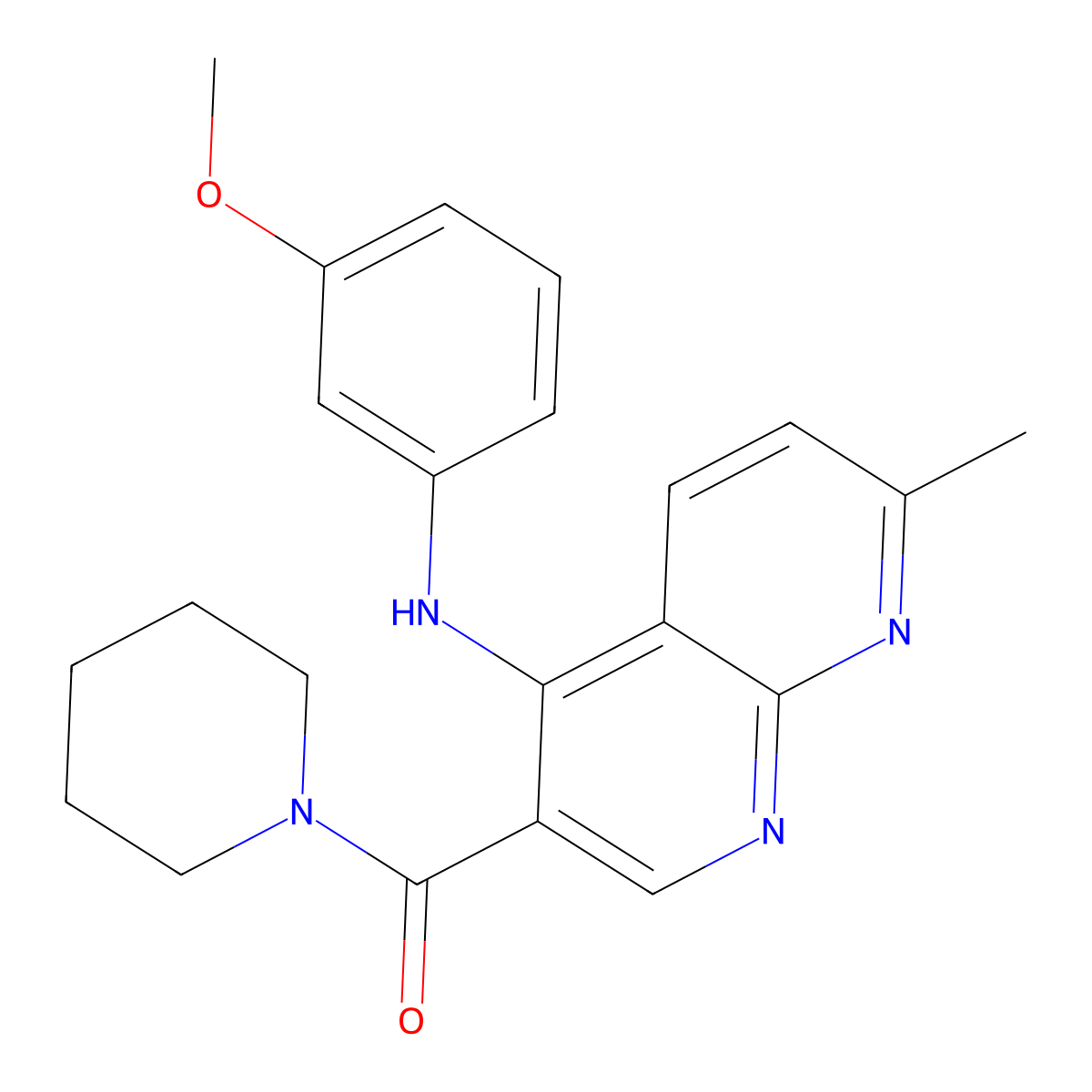 (4-((3-Methoxyphenyl)amino)-7-methyl-1,8-naphthyridin-3-yl)(piperidin-1-yl)methanone molecular structure, CAS 1251563-64-0