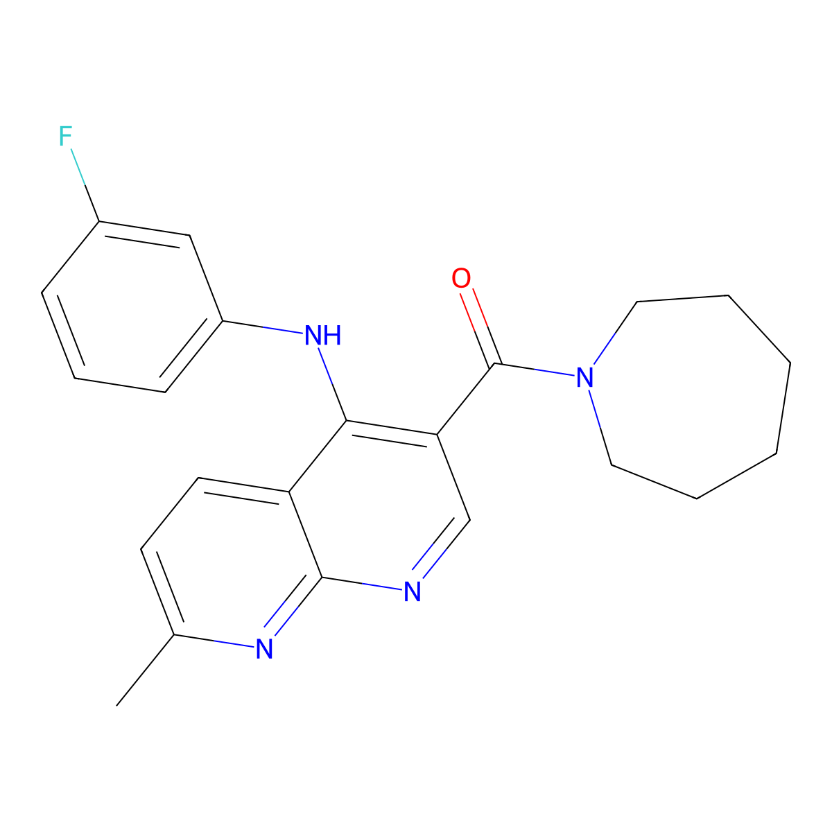 Azepan-1-yl(4-((3-fluorophenyl)amino)-7-methyl-1,8-naphthyridin-3-yl)methanone molecular structure, CAS 1251563-76-4