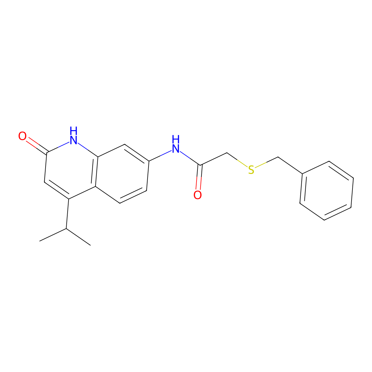 2-(benzylthio)-N-(4-isopropyl-2-oxo-1,2-dihydroquinolin-7-yl)acetamide molecular structure, CAS 1251563-86-6