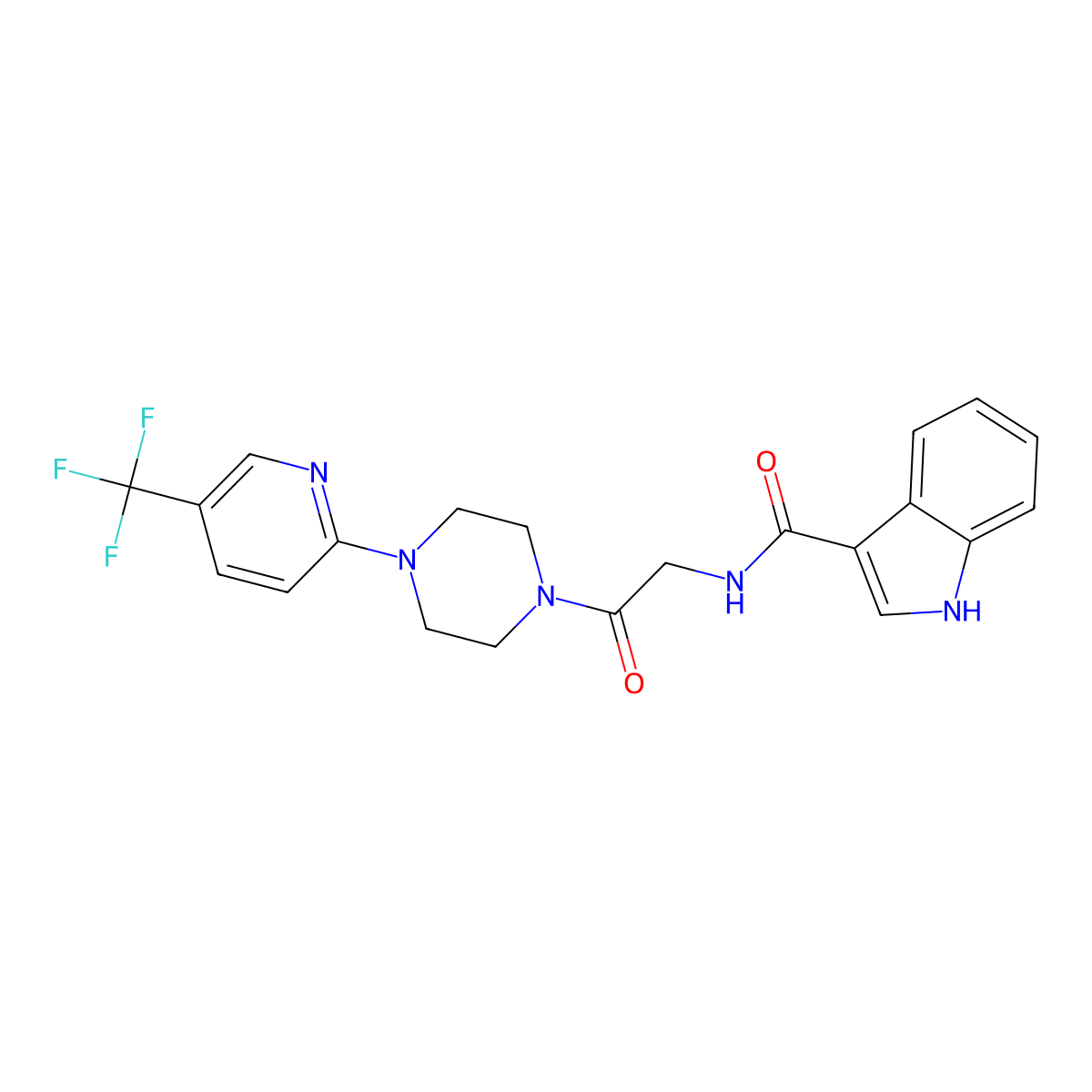 N-(2-oxo-2-(4-(5-(trifluoromethyl)pyridin-2-yl)piperazin-1-yl)ethyl)-1H-indole-3-carboxamide molecular structure, CAS 1251564-11-0