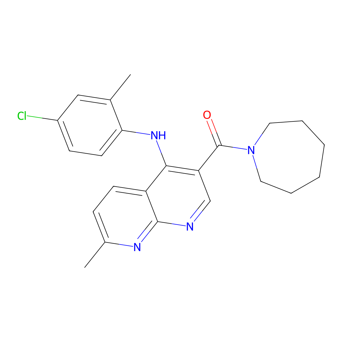 Azepan-1-yl(4-((4-chloro-2-methylphenyl)amino)-7-methyl-1,8-naphthyridin-3-yl)methanone molecular structure, CAS 1251564-17-6