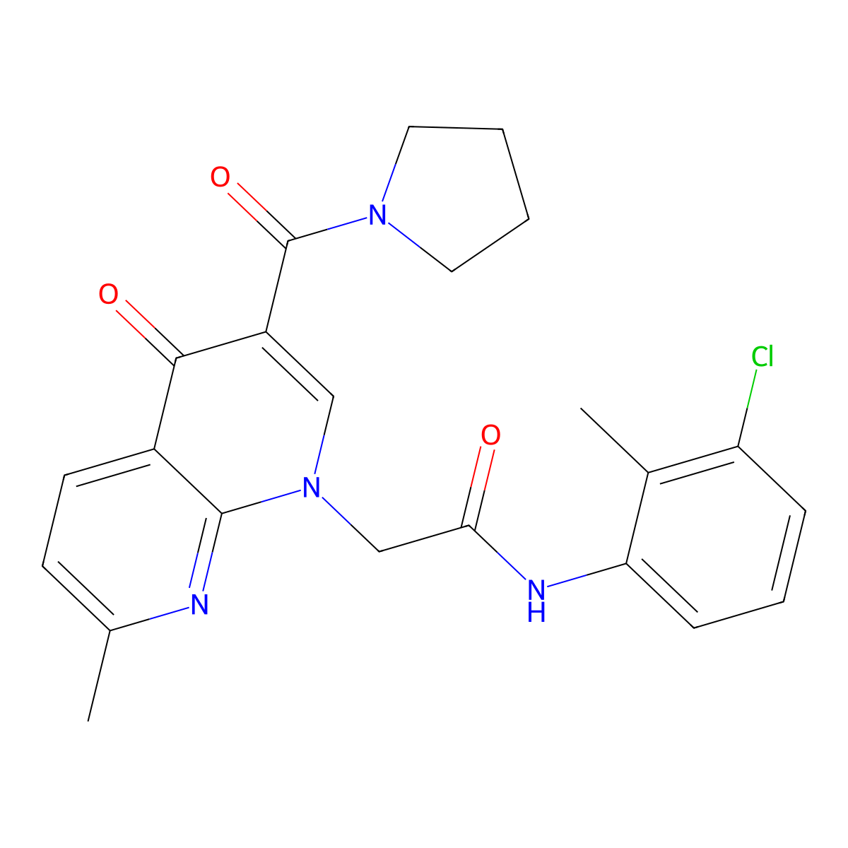 N-(3-chloro-2-methylphenyl)-2-(7-methyl-4-oxo-3-(pyrrolidine-1-carbonyl)-1,8-naphthyridin-1(4H)-yl)acetamide molecular structure, CAS 1251564-22-3