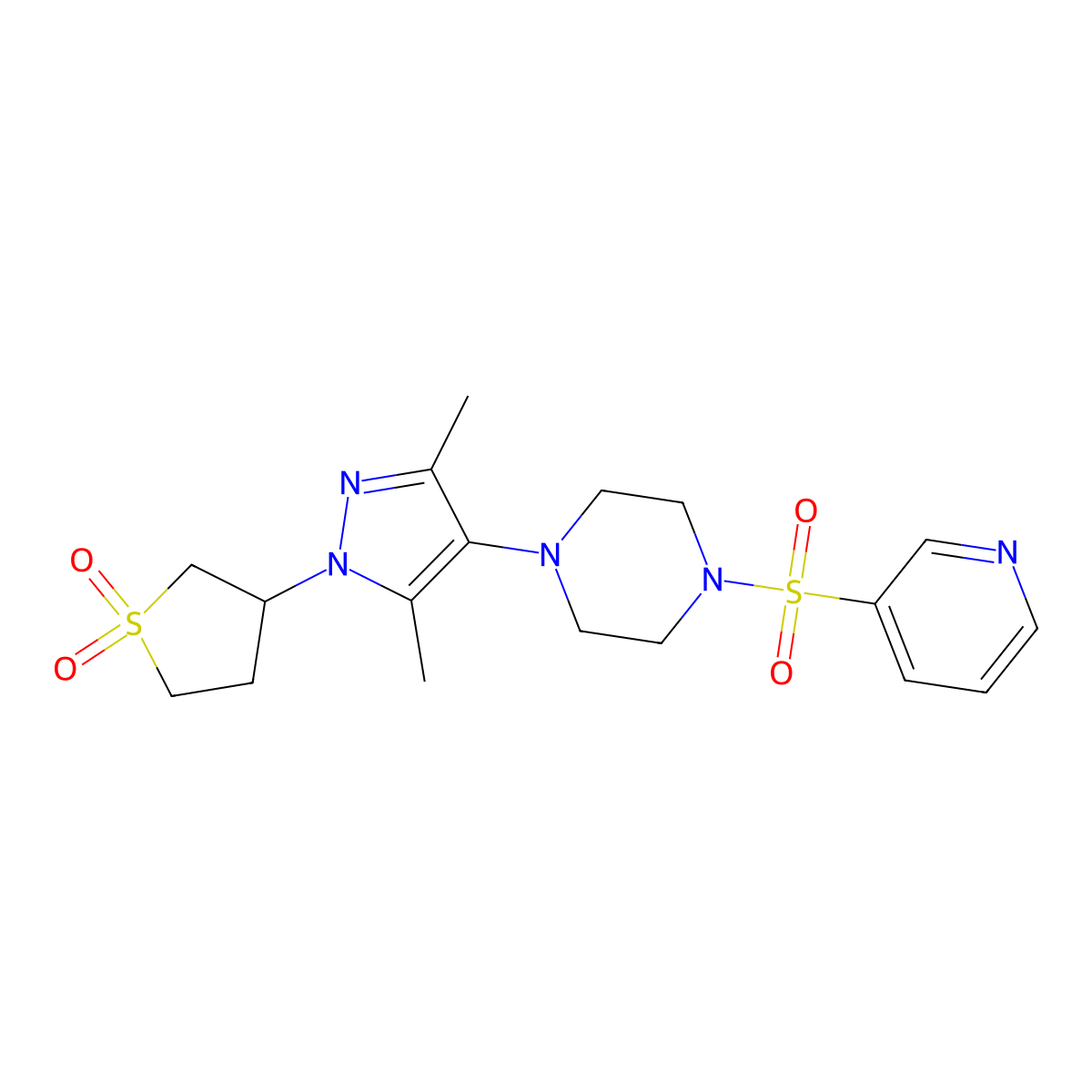 3-(3,5-dimethyl-4-(4-(pyridin-3-ylsulfonyl)piperazin-1-yl)-1H-pyrazol-1-yl)tetrahydrothiophene 1,1-dioxide molecular structure, CAS 1251564-48-3