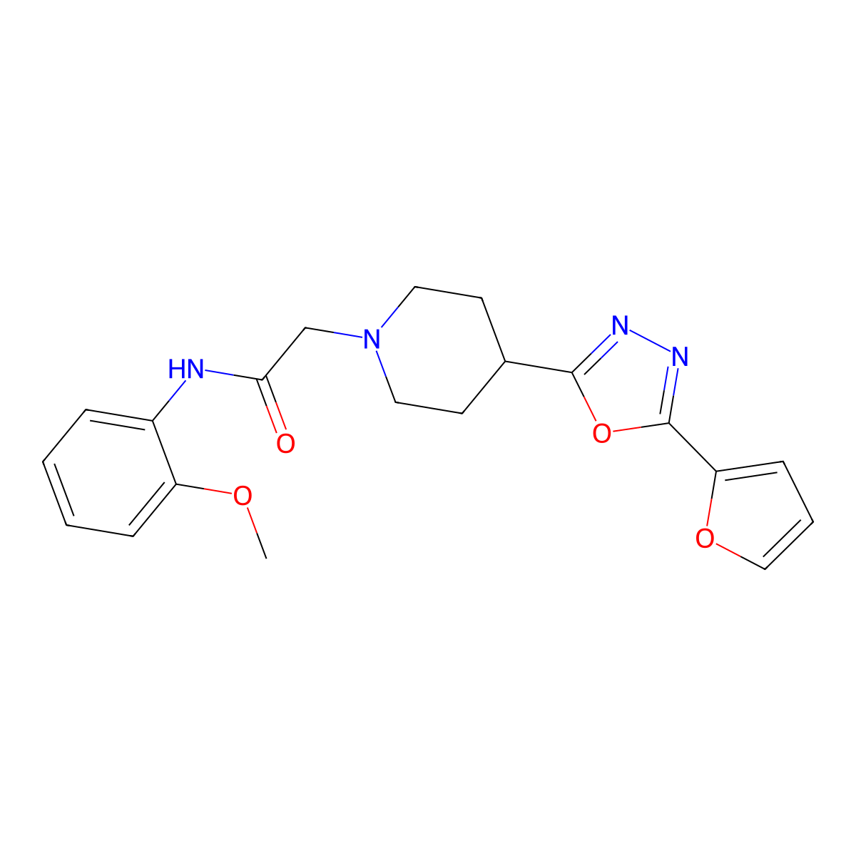 2-(4-(5-(furan-2-yl)-1,3,4-oxadiazol-2-yl)piperidin-1-yl)-N-(2-methoxyphenyl)acetamide molecular structure, CAS 1251564-55-2