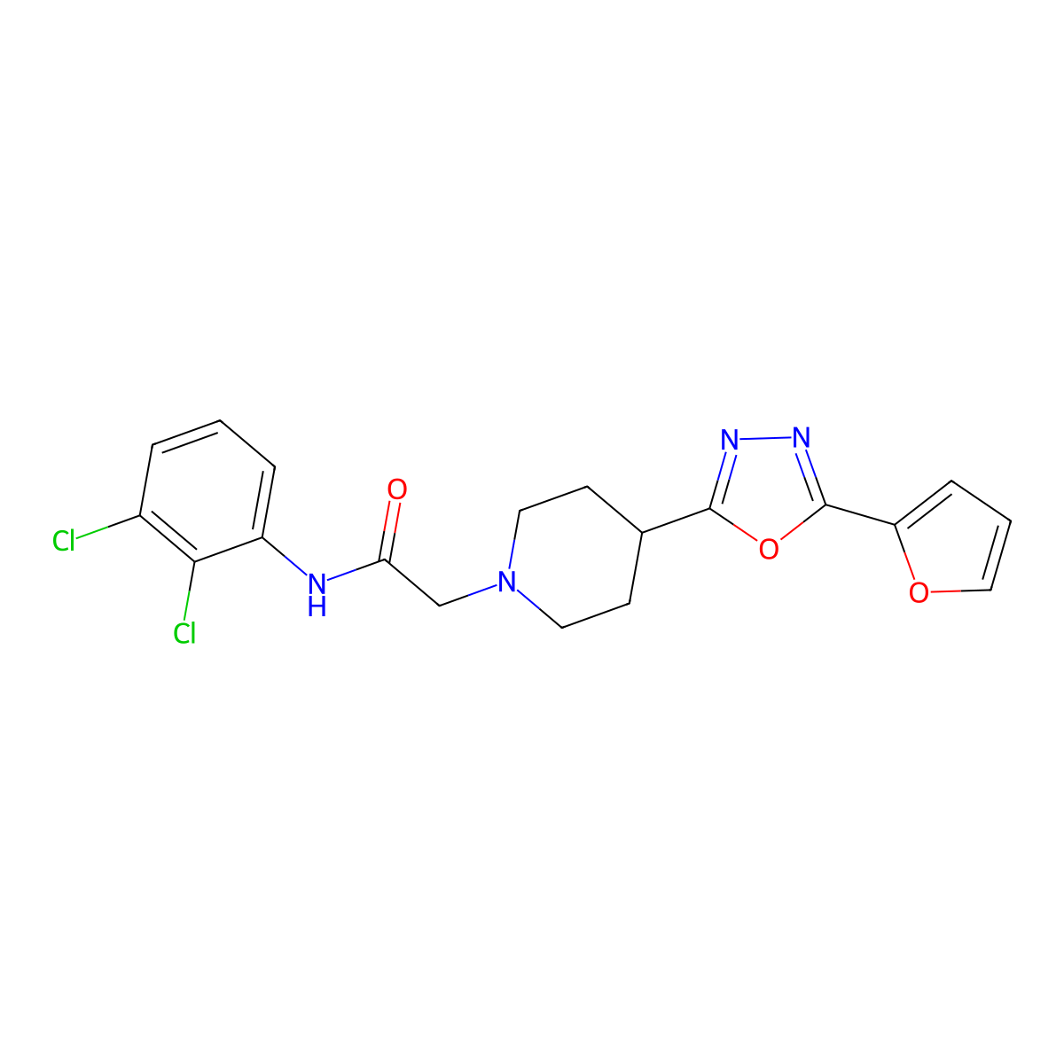 N-(2,3-dichlorophenyl)-2-(4-(5-(furan-2-yl)-1,3,4-oxadiazol-2-yl)piperidin-1-yl)acetamide molecular structure, CAS 1251564-61-0