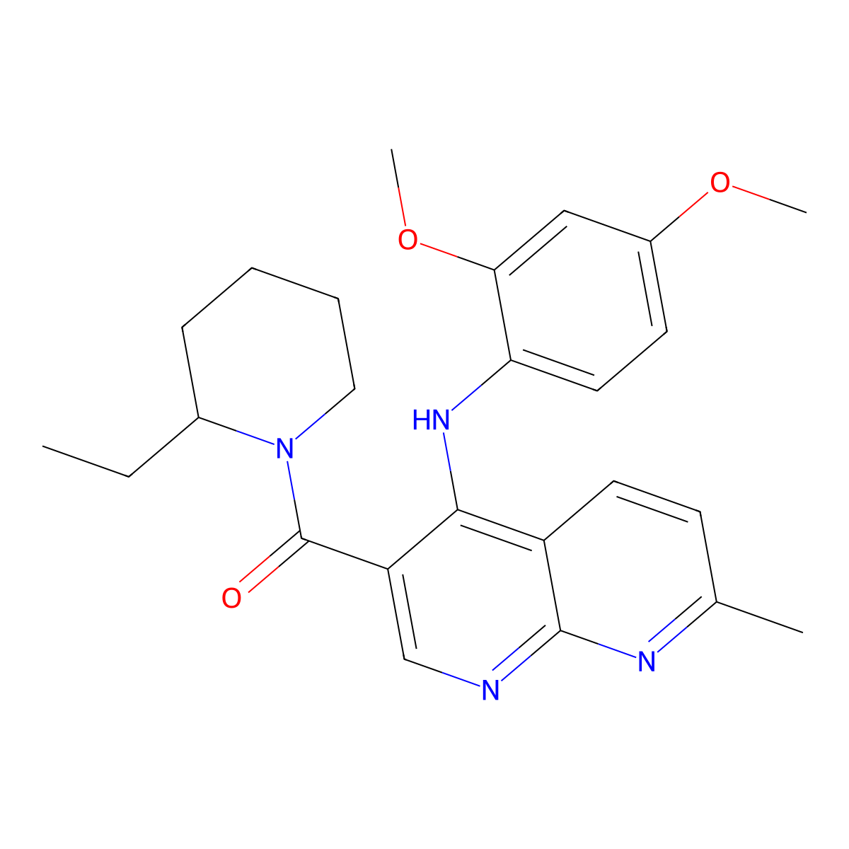 (4-((2,4-Dimethoxyphenyl)amino)-7-methyl-1,8-naphthyridin-3-yl)(2-ethylpiperidin-1-yl)methanone molecular structure, CAS 1251564-69-8