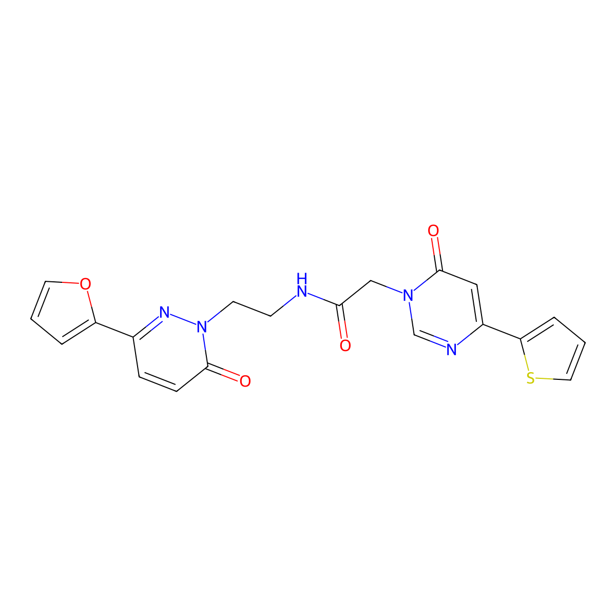 N-(2-(3-(furan-2-yl)-6-oxopyridazin-1(6H)-yl)ethyl)-2-(6-oxo-4-(thiophen-2-yl)pyrimidin-1(6H)-yl)acetamide molecular structure, CAS 1251564-80-3