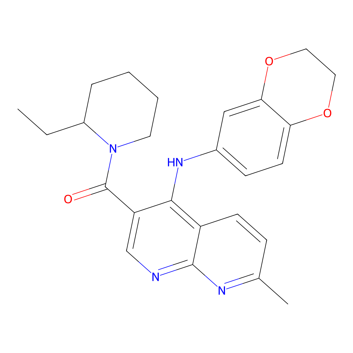 N-(2,3-dihydro-1,4-benzodioxin-6-yl)-3-(2-ethylpiperidine-1-carbonyl)-7-methyl-1,8-naphthyridin-4-amine molecular structure, CAS 1251564-81-4