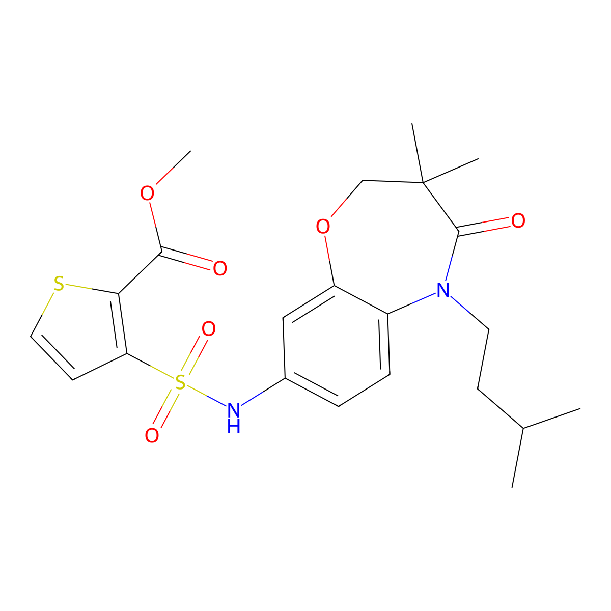 methyl 3-(N-(5-isopentyl-3,3-dimethyl-4-oxo-2,3,4,5-tetrahydrobenzo[b][1,4]oxazepin-8-yl)sulfamoyl)thiophene-2-carboxylate molecular structure, CAS 1251564-86-9