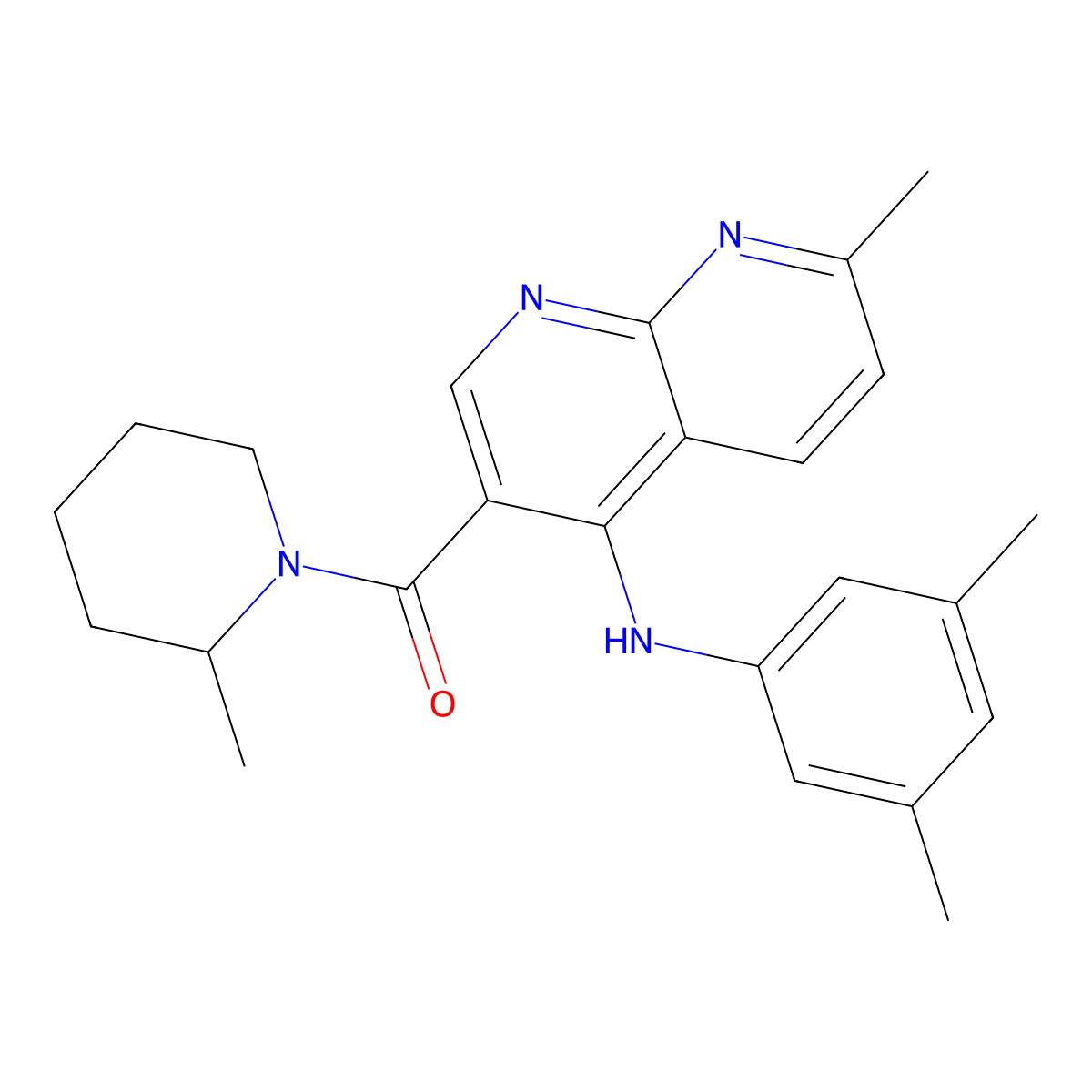 (4-((3,5-Dimethylphenyl)amino)-7-methyl-1,8-naphthyridin-3-yl)(2-methylpiperidin-1-yl)methanone molecular structure, CAS 1251564-88-1