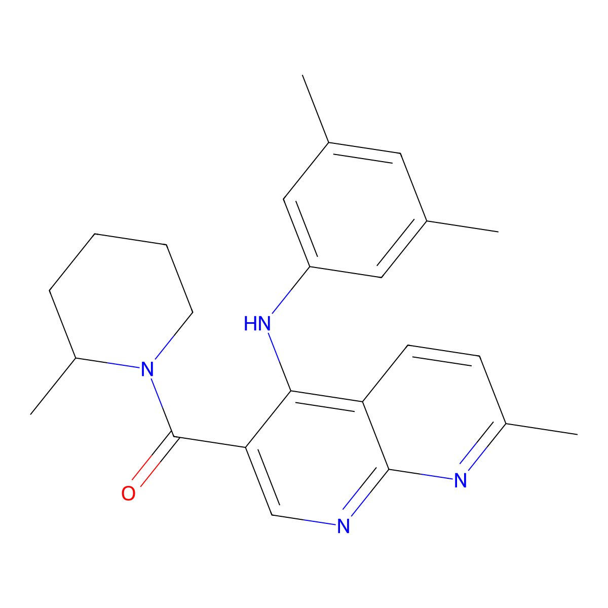 (4-((3,5-Dimethylphenyl)amino)-7-methyl-1,8-naphthyridin-3-yl)(2-methylpiperidin-1-yl)methanone molecular structure, CAS 1251564-88-1