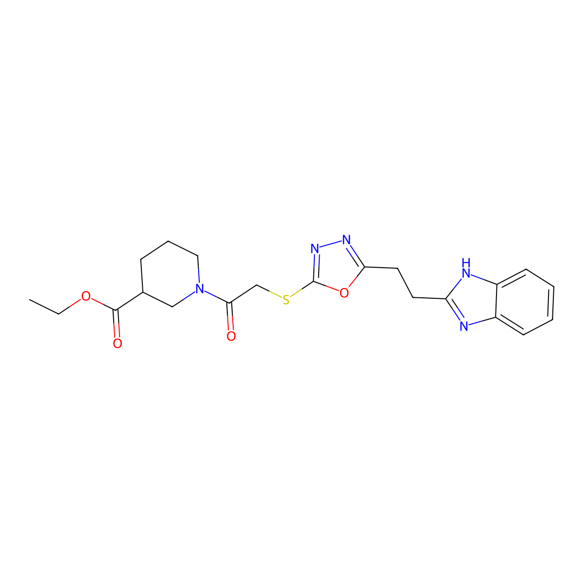 ethyl 1-(2-((5-(2-(1H-benzo[d]imidazol-2-yl)ethyl)-1,3,4-oxadiazol-2-yl)thio)acetyl)piperidine-3-carboxylate molecular structure, CAS 1251565-12-4
