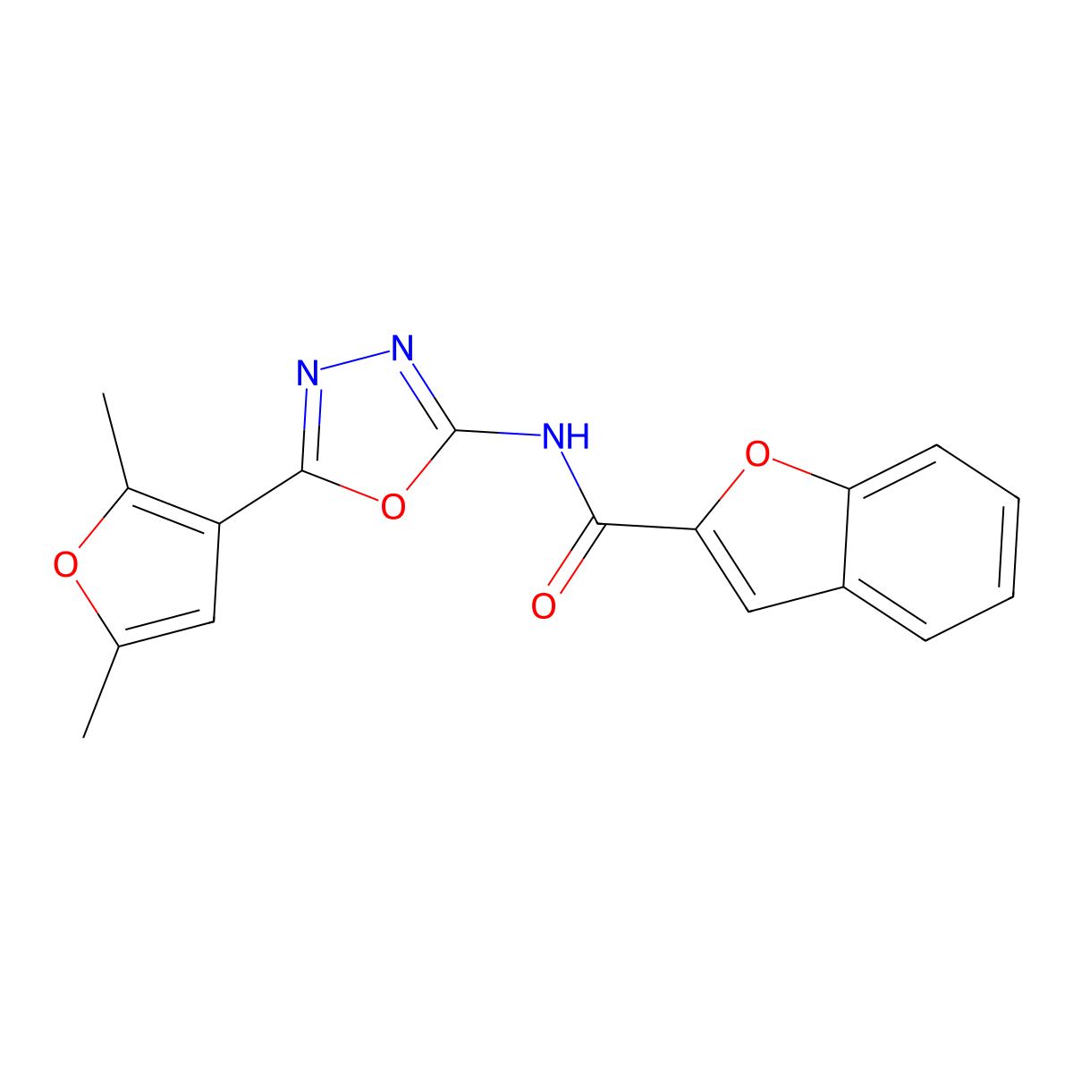 N-(5-(2,5-dimethylfuran-3-yl)-1,3,4-oxadiazol-2-yl)benzofuran-2-carboxamide molecular structure, CAS 1251565-29-3
