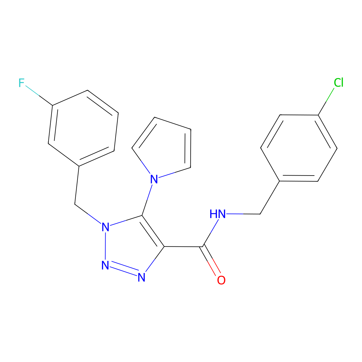N-(4-chlorobenzyl)-1-(3-fluorobenzyl)-5-(1H-pyrrol-1-yl)-1H-1,2,3-triazole-4-carboxamide molecular structure, CAS 1251565-30-6