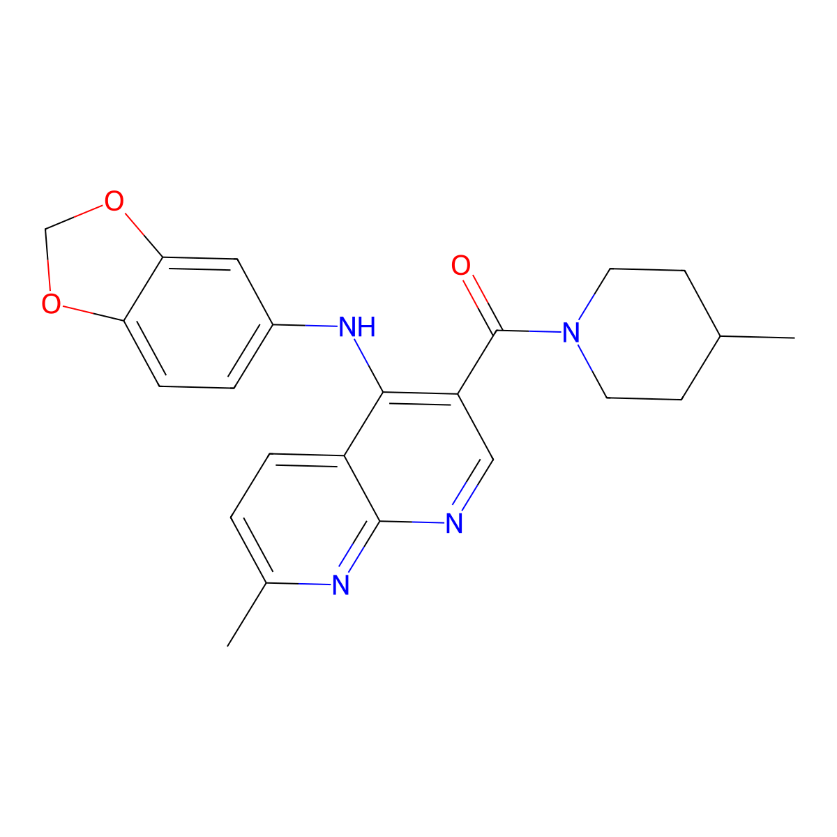 (4-(Benzo[d][1,3]dioxol-5-ylamino)-7-methyl-1,8-naphthyridin-3-yl)(4-methylpiperidin-1-yl)methanone molecular structure, CAS 1251565-33-9